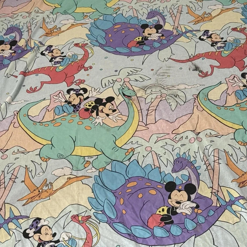 Vintage Disney Mickey Minnie Mouse Dinosaur Flat Sheet Twin 90s Prehistoric Bed‎